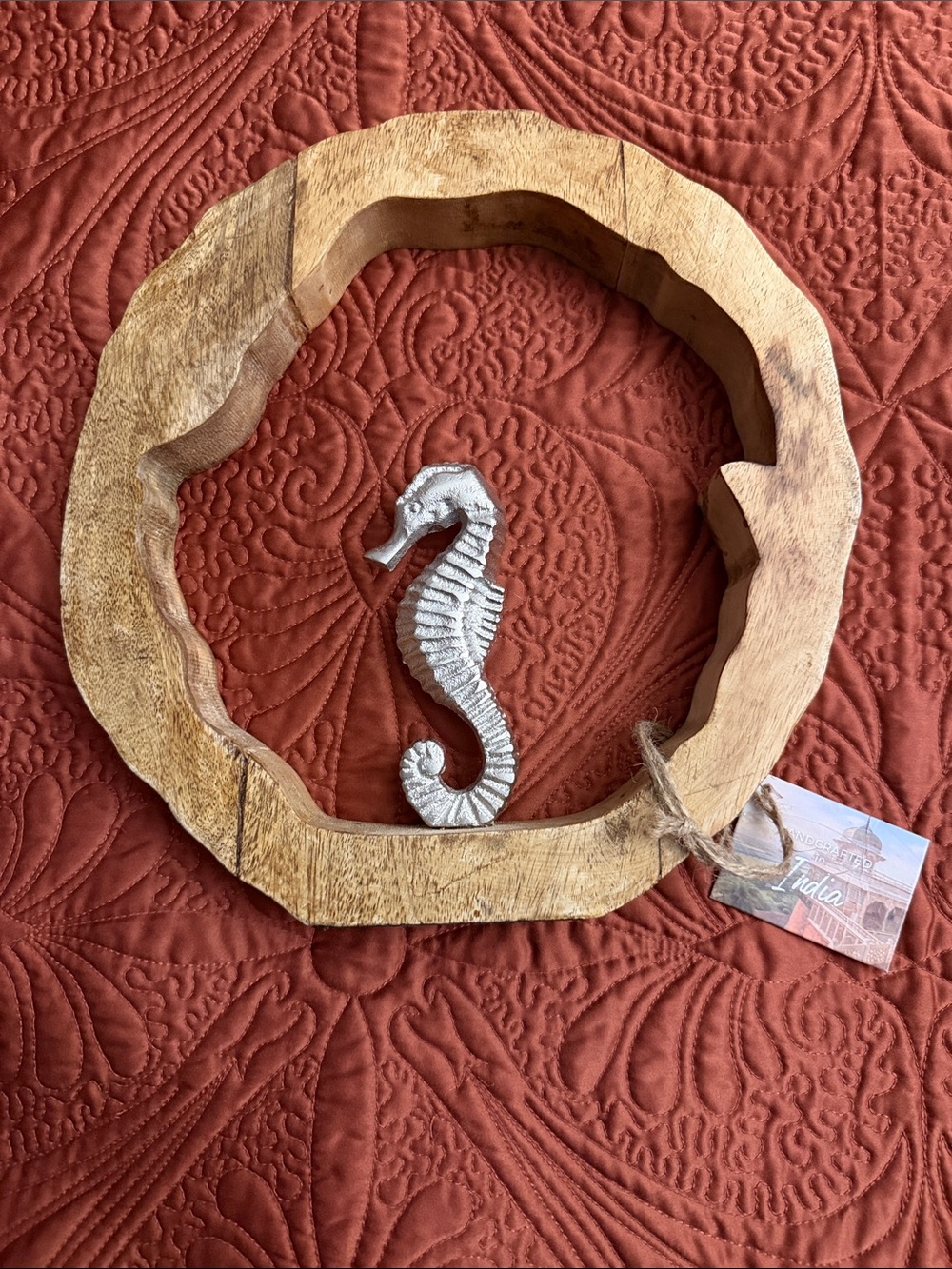 Handcrafted Wooden Ring Wall Decor with Silver Seahorse - Rustic Home Accent
